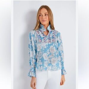 Antik Batik Blue Peony Ruffle Blouse